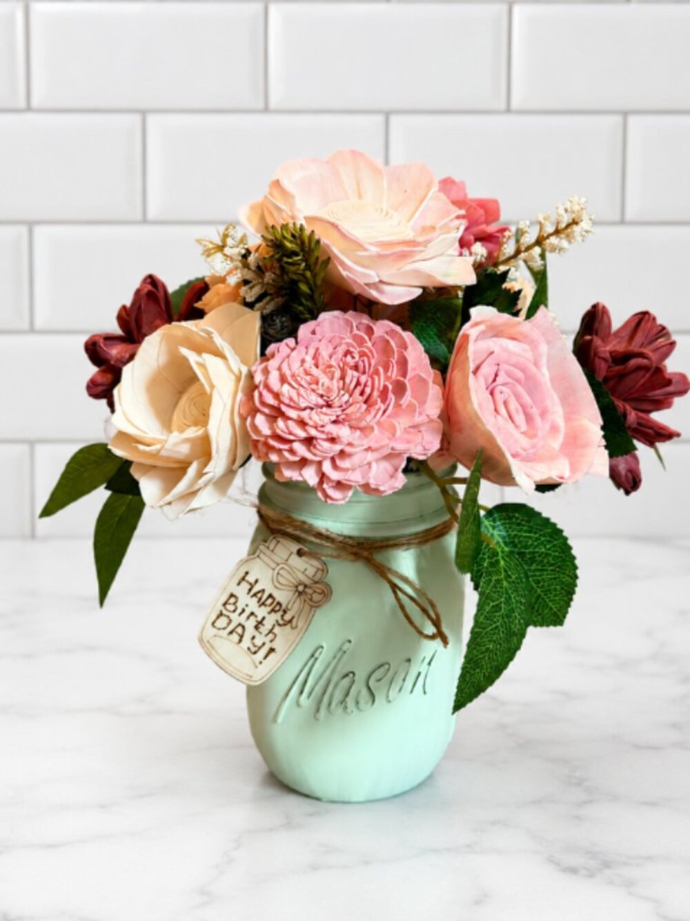 Pink Sola Wood Floral Arrangement in Mason Jar Home Decor Birthday Gift